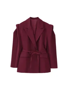Women burgundy fashion blazer with padded shoulders, stylish belted waist and lapel collar for autumn.