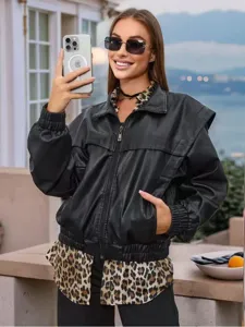 Women's PU Leather Jacket Casual Long Sleeve Stand Collar Zipper Outerwear Retro Oversized Pockets Fashion Coat