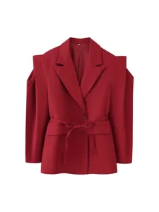 Red structured shoulder women blazer with waist belt, chic long sleeve lapel autumn coat.