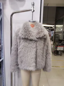 Women's vintage style faux fur short coat fluffy winter jacket with lapel collar grey