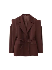 Womens fashion brown blazer jacket with shoulder pads and waist belt for autumn stylish wear.