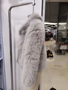 Grey faux fur short coat women winter fluffy warm plush jacket vintage streetwear chic