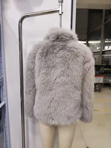 Women's short faux fur coat grey winter warm plush fluffy jacket outerwear elegant stylish