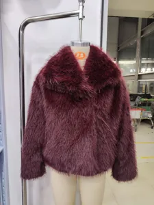 Women vintage faux fur short coat winter warm fluffy jacket burgundy outerwear new
