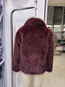 Back view detail of women's burgundy faux fur short coat, warm plush winter outerwear.