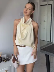 Women's Summer Elegant Satin Cowl Neck Halter Sleeveless Camisole Solid Color Casual Slim Fit Basic Tank Top