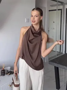 Women's silk-textured cowl neck halter sleeveless top for stylish summer outfits.