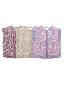 Vintage ethnic style quilted cotton vest for women, autumn floral print sleeveless outerwear.