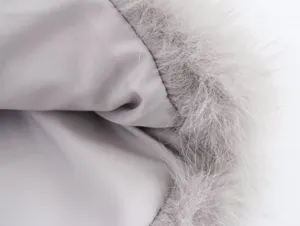 Close-up detail of the soft grey faux fur collar and smooth interior lining of the short fuzzy coat.