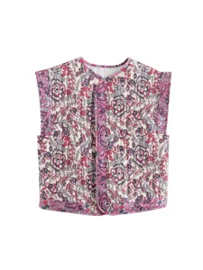 Women vintage floral quilted vest autumn casual sleeveless padded jacket outerwear fashion