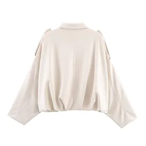 Back detail view of casual beige faux leather bomber jacket, stylish collar and hem.