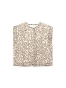 Vintage ethnic floral quilted vest for women, stylish autumn sleeveless padded outerwear top.