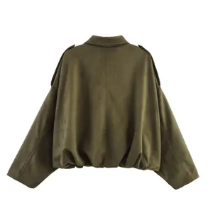 Back view detail of women's suede textured pilot jacket, featuring chic lapel and hem.