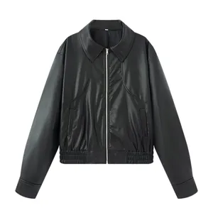 schwarze damen kunstlederjacke mit langem arm reissverschluss und reverskragen herbst jacke