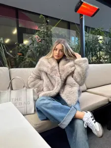 Women Faux Fur Short Jacket Fluffy Winter Coat Retro Warm Open Front Outerwear Casual Chic