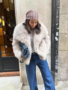 Women vintage faux fur short coat winter fluffy warm outerwear fluffy jacket elegant top
