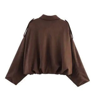 Back view detail of the brown suede-like bomber jacket showing collar, shoulder tabs and hem.
