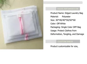 Set de sacs à linge en filet blanc avec fermeture éclair rose, sacs de lavage durables pour vêtements.