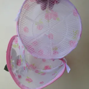 Pink floral mesh bra washing bag detail view for delicate underwear machine washing protection.