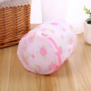 Pink rose printed fine mesh laundry bag for delicate underwear and bras washing machine use
