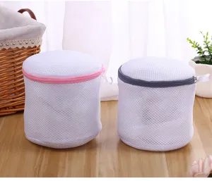 Cylinder mesh laundry bag with zipper, ideal for delicate underwear and bra protection during washing.