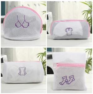 Thickened mesh laundry bags with cute embroidery, durable wash bags for underwear and socks.