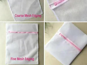 Vue détaillée du sac de lavage blanc avec tissu en maille durable et fermeture à glissière.