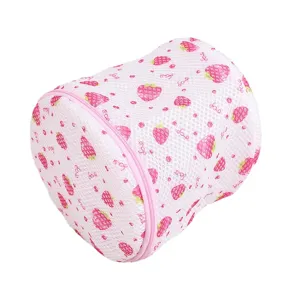 Cute pink strawberry mesh laundry bag with zipper, durable anti-deformation washing pouch for bra