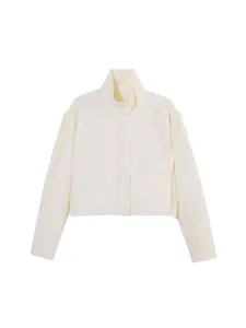 Chaqueta corta beige con cuello alzado para mujer, prenda exterior casual de manga.