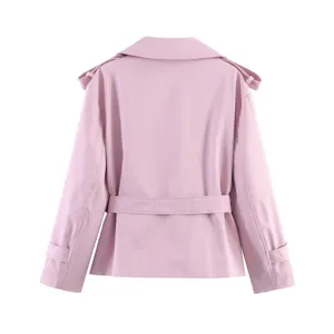Pink short trench coat back view featuring classic lapel collar, epaulets, and stylish waist belt.