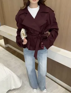 Women's short lapel belted trench coat, stylish Korean commuter style, perfect for spring.