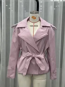Women short pink trench coat stylish lapel belted jacket casual elegant commuting outerwear