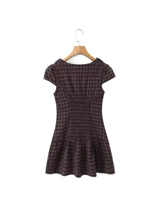 Robe courte rétro à carreaux, élégante robe manches bouffantes cintrée mince femme.