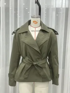 Olive green belted short trench coat for women, Korean style lapel commuting jacket.