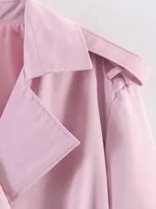 Pink lapel short trench coat detail, stylish Korean commuting women jacket outerwear