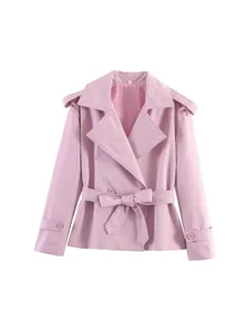 Pink womens short trench coat lapel belted jacket stylish casual outerwear for spring