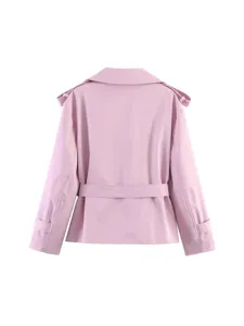 Pink short trench coat for women, stylish lapel belted Korean commuter jacket outerwear.