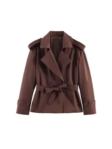 Women brown short trench coat lapel belted stylish commuter jacket spring casual outerwear