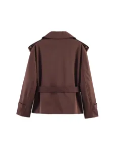 Women short brown trench coat lapel belted jacket casual commuting spring outerwear