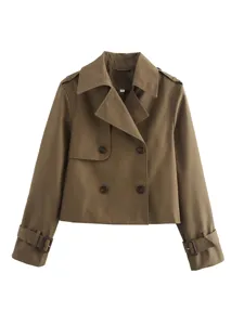 Stylish cropped double-breasted trench coat jacket for women, casual autumn outerwear.