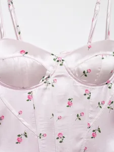 Pink satin floral corset camisole top detail view, sweet style spaghetti strap crop top.
