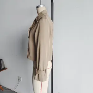 Women's short beige trench coat jacket, casual double-breasted design, versatile outerwear.