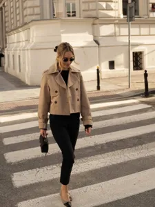 Women Casual Short Double Breasted Trench Coat Lapel Long Sleeve Solid Color Regular Fit Jacket Outerwear