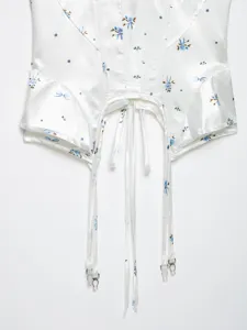 White floral satin corset top with garter straps, elegant summer chic lace-up camisole.