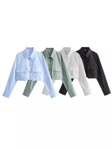 Women cropped long sleeve shirt multi color casual button up blouse with double pockets
