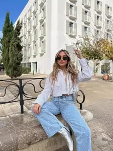 Women white crop long sleeve shirt with dual chest pockets stylish casual daily wear