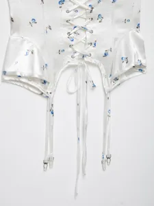 Summer floral satin corset top with front lace-up and garter straps y2k fashion streetwear
