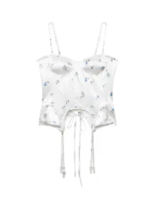 Women White Floral Corset Top Satin Spaghetti Strap Bustier Summer Sexy Chic Camisole
