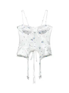 White satin floral corset top with boning, adjustable straps and chic feminine style.