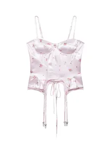 Pink floral satin corset top featuring sweet bow print, boning structure, and stylish garter straps.